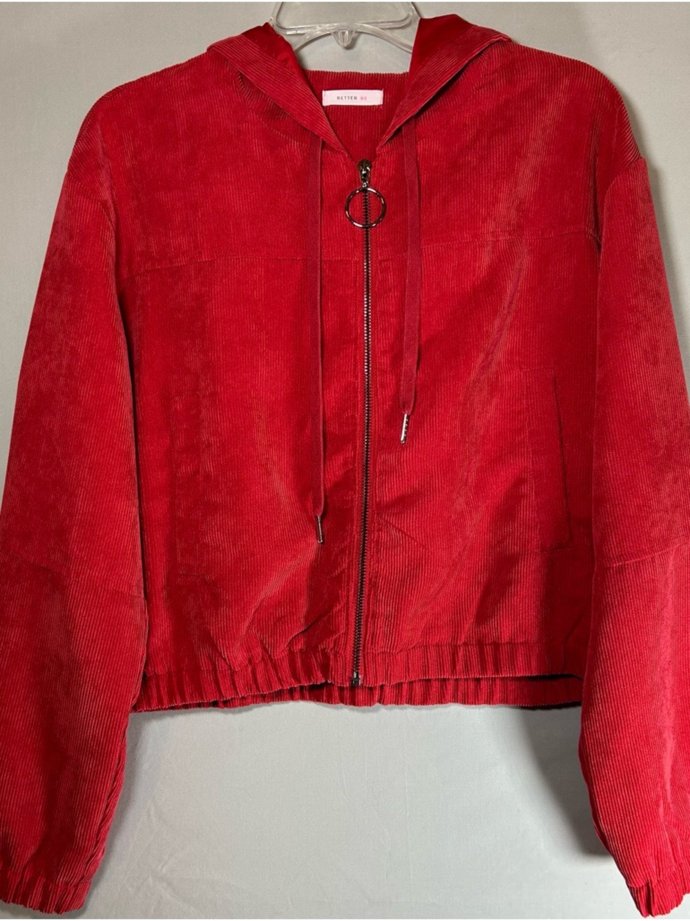 Better Be Red Corduroy Hooded Zip Bomber Jacket